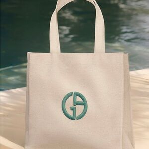 Giorgio Armani Cream Tote with Teal Logo